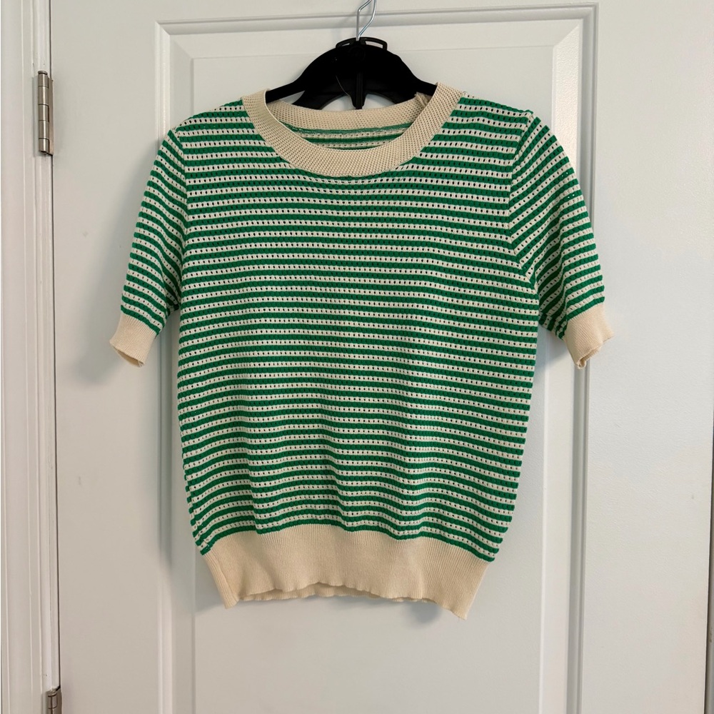 Green and Cream Striped Short Sleeve Sweater - Picture 3 of 6